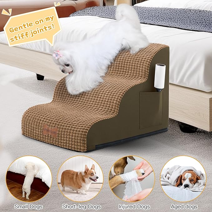 Dog Stairs for Small Dogs, Wide Pet Step with Removable Cover, No Assembly High Density Foam Cat Ramp for Bed or Sofa, 4-Step, Light Brown