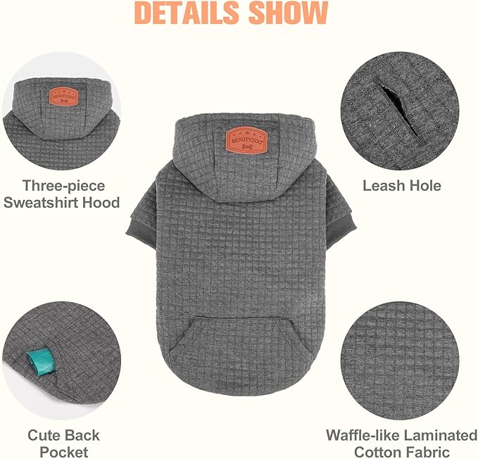 BEAUTYZOO Medium Dog Hoodie Sweater with Pockets, Dog Clothes for Small Medium Dogs Boy Girl, Waffle-Like Laminated Cotton Pet Coats with Hat and Leash Hole, Dark Grey XL