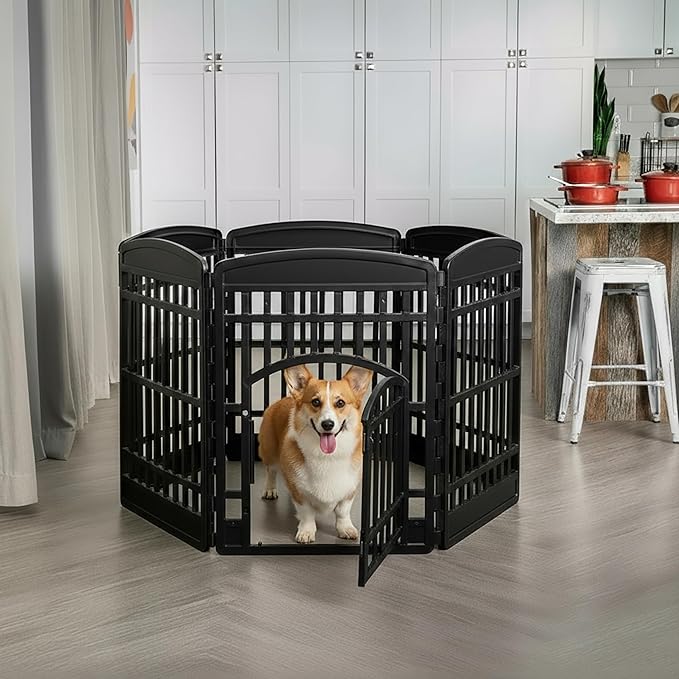 IRIS USA Dog Playpen 34" 6-Panel Dog Playpen with Door, 44 x 63 x 34, Puppy Fence, Puppy Playpen, Dog Play Pen Indoors, Pet Fence, Puppies/Small Dogs, Black