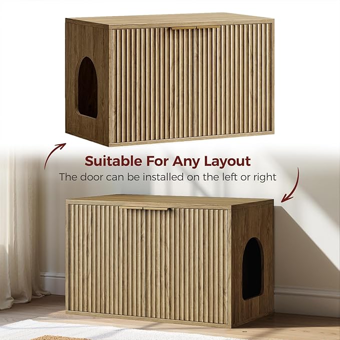Evermagin 31.5" Oak Cat Litter Box Enclosure Furniture, Large Hidden Litter Box Cabinet, Modern Bohemia Indoor Cat House Kitty End Table for Living Room, Entryway, Bedroom