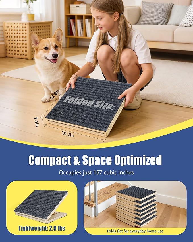 Wooden Dog Ramp for Stairs, 3 Pack Foldable Anti-Slip Pet Steps for Small Dogs, Low-Angle Stair Ramp for Senior, Short-Legged, Injured & Recovery Pets