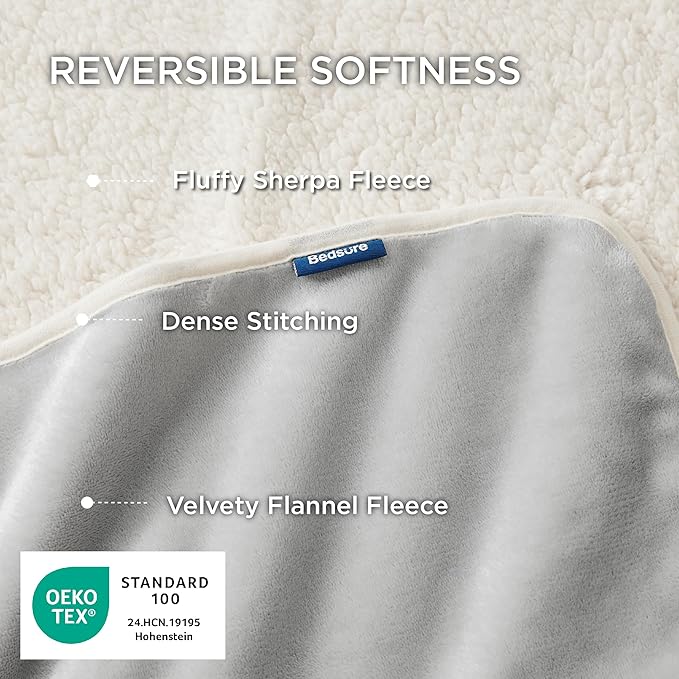 Bedsure Waterproof Blanket for Bed - Sherpa Fleece Waterproof Dog Blankets for Large Dogs, Pet Blankets for Bed/Couch/Dog Crate, Soft Plush Reversible Furniture Protector, Queen, 90"x86", Light Grey