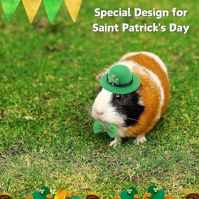 Guinea Pig Saint Patrick's Day Hat Bow Tie Set Small Animal Irish Green Top Hat with Shamrock Décor St.Patrick's Day Costume Accessories for Rabbit Bunny Ferret Bearded Dragon Puppy Kitten