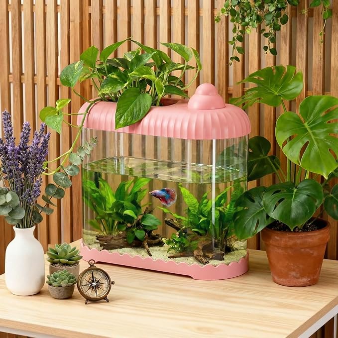 Geelin Pink 2.5 Gallon Plastic Aquaponic Betta Fish Tank Large Bowl Shatterproof Small Ecosystem Aquarium with Secure Buckle Lid, Clear Clarity for Terrarium, Flower Vase Betta Fish Tabletop Gifts