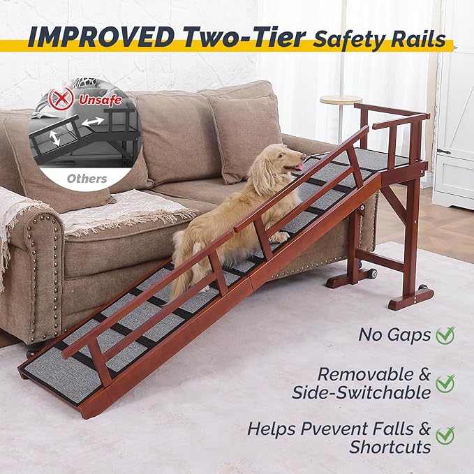 Dog Ramp for Bed or Couch, Wooden Pet Ramp with 20° Gentle Slope, Removable Side Rails, Non-Slip Surface, Top Platform & Wheels, Safe Bed Ramp for Small, Large & Senior Dogs, 74" Long, Mahogany