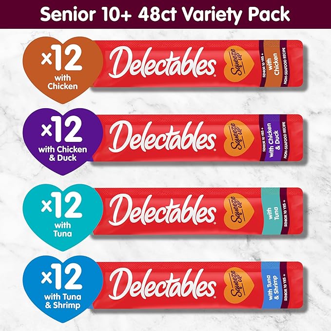 Delectables Squeeze Up Senior 10+ Variety Pack, Creamy Squeezable Puree, Lickable Wet Cat Treats, Grain Free, 0.5 Ounces Tube, 48 Tubes Total