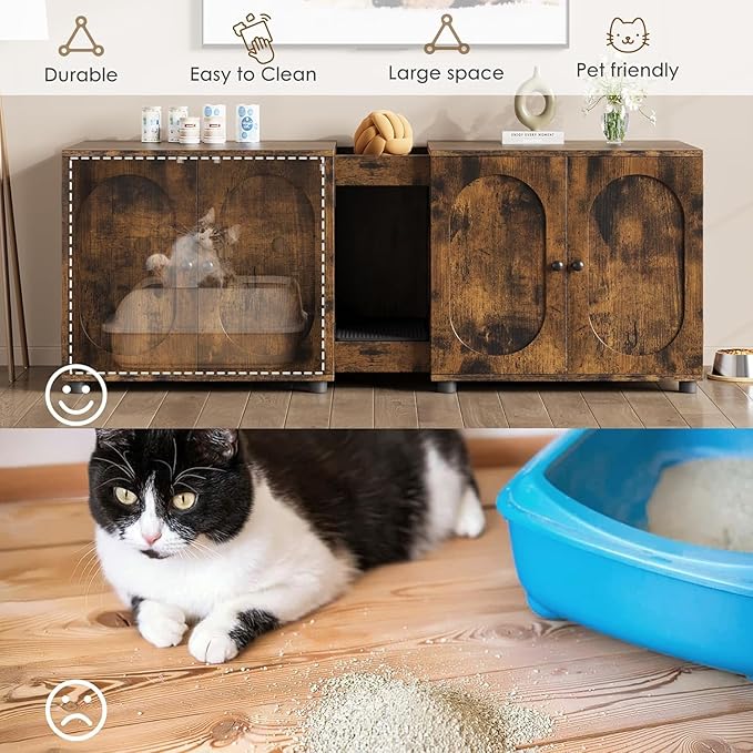 GarveeHome Large Cat Litter Box Enclosure Furniture, 55.1" Double Litter Cabinet for Two Cats with Hidden Design, Rattan Door Cat Box House with Storage, Brown