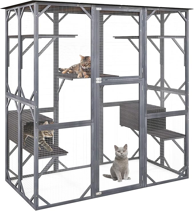 Tangkula Catio Outdoor Cat Enclosure Large, 71 Inch Outdoor Cat House Weatherproof with Asphalt Roof, Wooden Cat Cage Playpen with 7 Jumping Platforms & 2 Resting Boxes, Walk-in Cat Kennel Condo