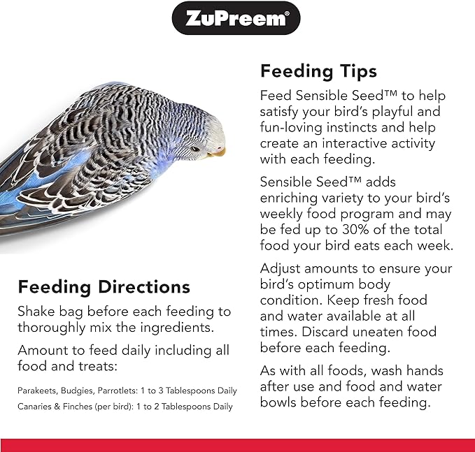 ZuPreem Sensible Seed Bird Food for Small Birds, 2 lb - Premium Blend of Seeds and FruitBlend Pellets for Parakeets, Budgies, Parrotlets, Canaries, Finches | Pack of 2