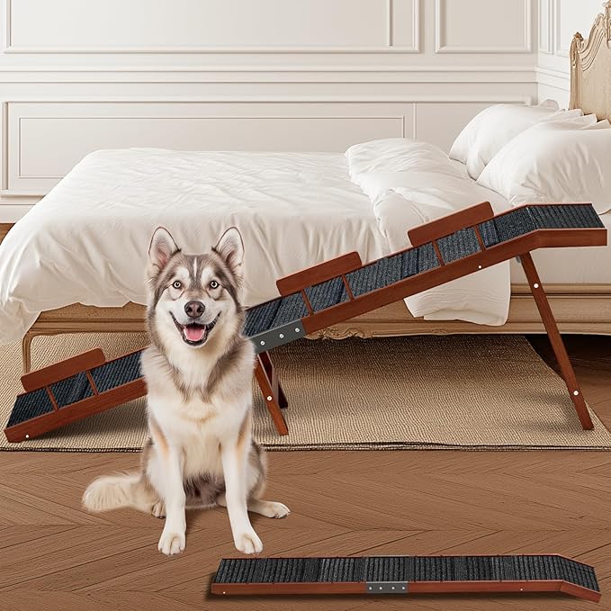 Easyego Foldable Dog Ramp for Bed, 74" Wood Pet Ramp with Side Rails and High Traction Carpet, 22° Gentle Long Slope, Top Landing Platform, Supports up to 200 LBS for Senior Dogs - Vintage Walnut