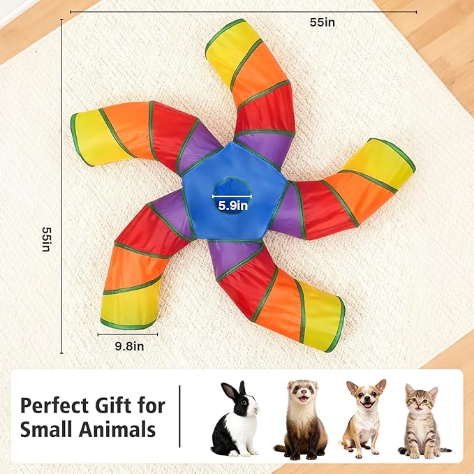 Joytale 5-Way Cat Tunnels for Indoor Cats, Pet Tube Toy with Play Ball and Toy Mouse, S-Shape Collapsible Tunnel with Interactive Hole for Kitty, Kitten, Rabbit, Puppy (Rainbow)