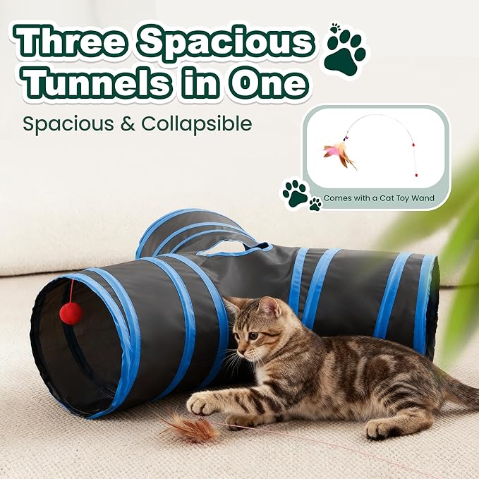 Love’s Cabin Cat Tunnel for Indoor Cats, 3-Way Collapsible Play Tunnel with Teaser Wand, Peek Holes & Toy Ball, Small Pet Toy for Kittens & Rabbits, Black & Royal Blue, Small Size