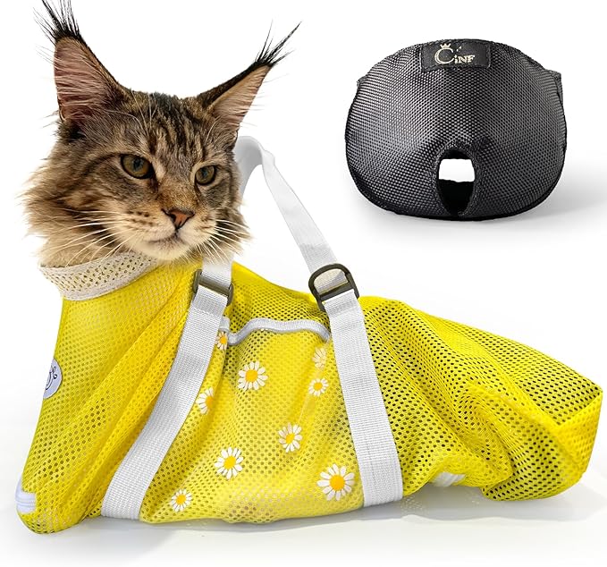 Cinf Cat Bathing Bag(Free Muzzle) Breathable Mesh Anti Scratch Adjustable Cat Grooming Bag for Nail Trimming, Bathing Soft Cat Washing Bag(Yellow) L