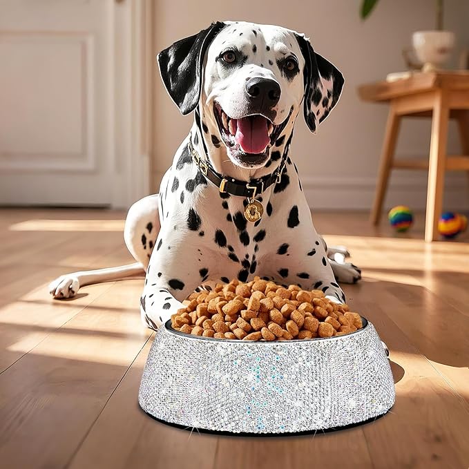 SlowVibes Bling Stainless Steel Dog Bowls,18oz Detachable Rhinestone Metal Food Water Bowl for Feeding Dogs Cats,Rust Resistant Non-Slip Puppy Dish,Sparkle Essentials for Small Medium Large Girl Pets