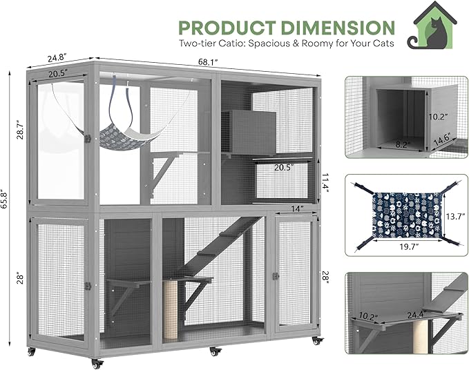 Catio Indoor Cat Enclosure on Wheels, 2-Tier Large Cat Catio for Multiple Cats, Wooden Kitty Cage with Resting Box, Platform, Sunshine Roof, Grey