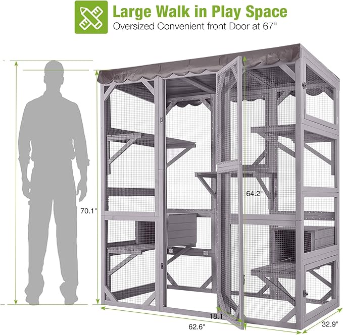 GUTINNEEN Catio Outdoor Cat Enclosure Large Walk in Window Cat House for Mulitiple Cats with 7 Platforms and 2 Resting Box,Tarp Roof,71 inch