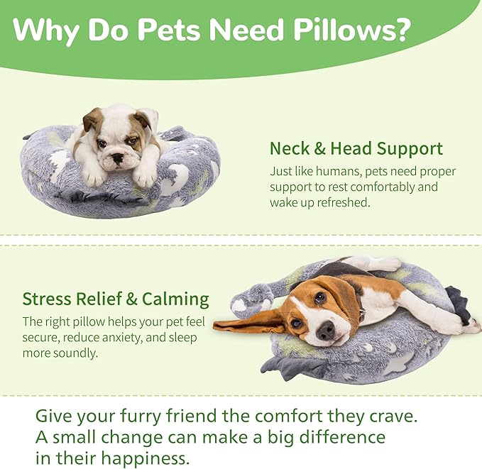Dog Calming Pillow - Cute Soft Animal Pillow for Dogs, Cats, Kids, Adults, Washable Cozy Relaxing Pet Bed Pillow, Glow in The Dark Dog Neck Pillow (Grey, Medium)