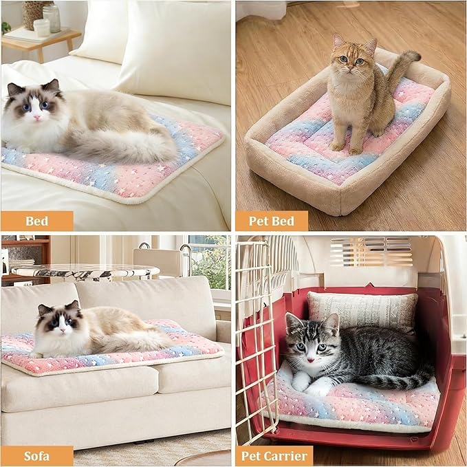 2-Pack Extra Large Self Warming Cat Bed Mat - 45x60cm (18"x24") Ultra Thick 5cm Thermal Pet Pad with Dual-Sided Flannel & Polar Fleece, Washable Cat & Dog Bed for Indoor Outdoor Use Rainbow Stars