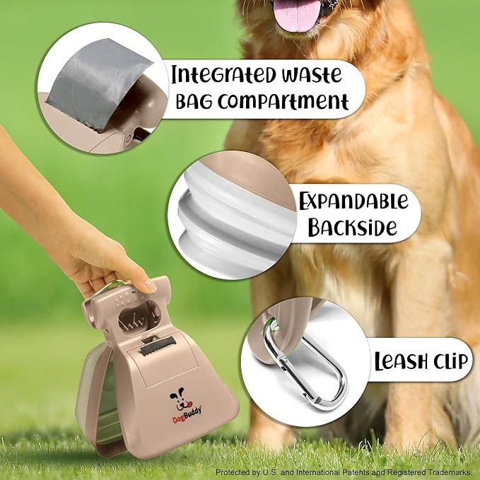 DogBuddy Pooper Scooper, Portable Dog Pooper Scooper, Poop Scooper for Small and Large Dogs, Pooper Scooper with Bag Attachment, Leash Clip and Dog Waste Bags Included (Medium, Taupe)