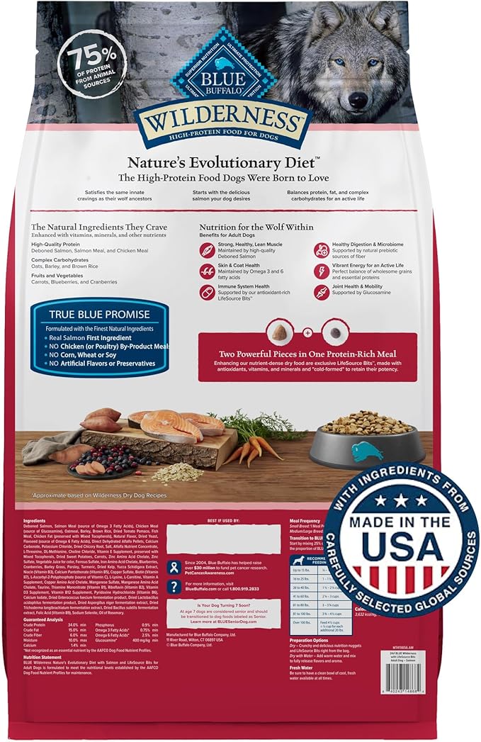 Blue Buffalo Wilderness Natural High-Protein Dry Food for Adult Dogs, with Wholesome Grains, Salmon, 24-lb. Bag