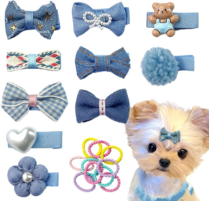 Blue Dog Hair Clips and Rubber Bands Small Dog Bows Denim Cute Pet Grooming Accessories Alligator Clips Stay In Hair Barrettes Flower Bear Hairpin Topknot Headdress Yorkie Puppy Maltese Girls Dogs