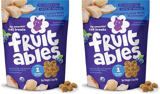 Fruitables Crunchy Low Calorie Treats Packed with Protein for Cats Healthy Free of Wheat, Corn and Soy – Made with Real Chicken with Blueberry – 2.5 Ounces (Pack of 2)