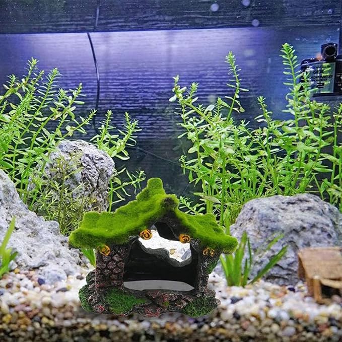 Tfwadmx Aquarium Decoration House Resin Hollow Betta Hideout House Fish Hide Tank Terrarium Accessories Cave Ornament for Small Shrimp Hideaway with Moss（2Pcs）