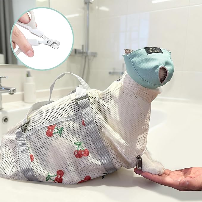 Cinf Cat Bathing Bag(Free Muzzle) Breathable Mesh Anti Scratch Adjustable Cat Grooming Bag for Nail Trimming, Bathing Soft Cat Washing Bag(White&Cherry) L