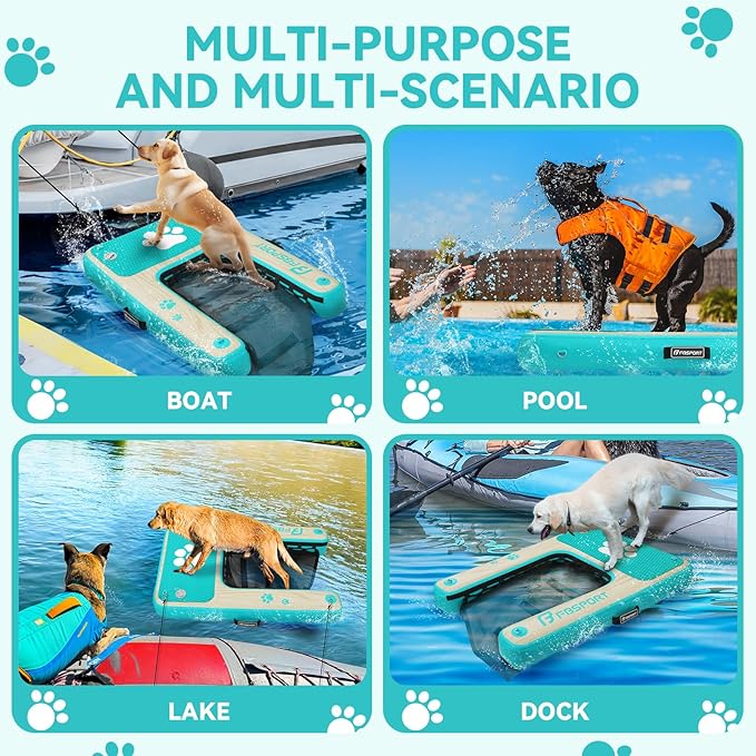FBSPORT Inflatable Dog Boat Ramp Floating Dock Water Ladder for Pool, Boat, Non-Slip EVA Floating Ladder Pool Ramp for Dog Up to 220 LBs, Safe & Easy Access