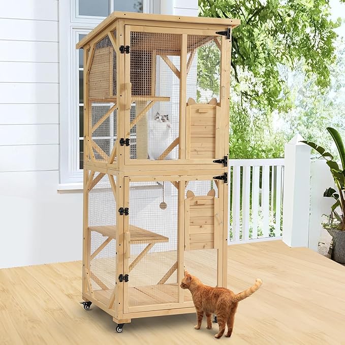 TITIMO 71" Catio Cat Enclosure Window, Large Outdoor/Indoor Cat House for Multiple Cats, Wooden Kitty Condo W/Waterproof Roof, Platforms, Resting Box, Scratching Post, Sisal Ball, Wheels
