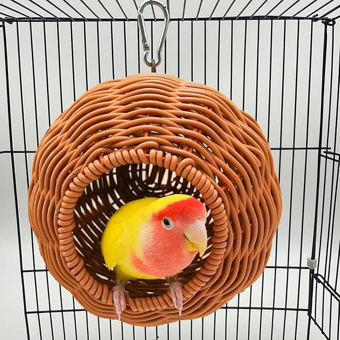 Rattan Bird Nest for Cage，Hanging Parrot Breeding Nesting House Washable Soft Lay Warm Sleep Hut Bird Cage Accessories for Cockatiels Budgerigars Finches Canaries (Circular Opening)