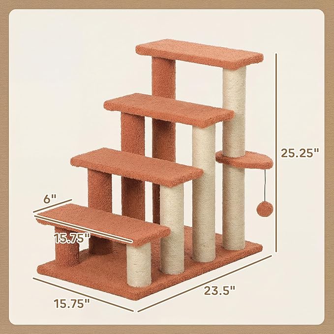 PawHut 4 Levels Cat Steps, Pet Stairs Carpeted Ladder, Kitten Tree Climber with Scratching Posts, Hanging Play Ball, Side Step, for High Bed, Sofa, Brown