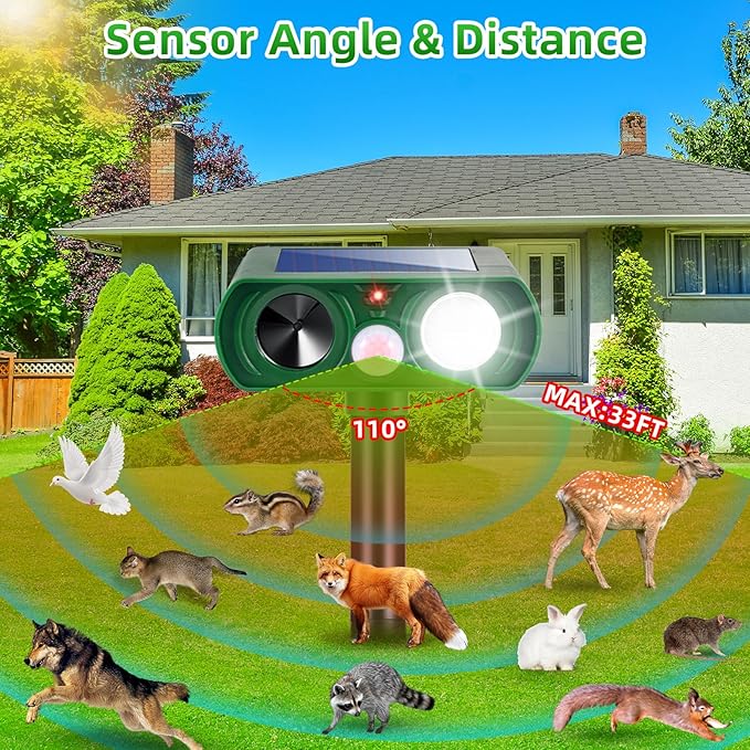 2 Pack 2026 Solar Ultrasonic Animal Repellent Outdoor IP65 Waterproof Motion Activated Cat Deterrent & Deer Repellent Devices Ultrasonic Pest Repeller for Raccoon, Squirrel, Rabbit, Dog, Skunk, Rodent
