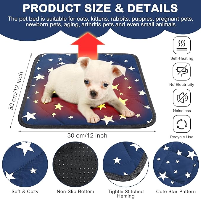 Namalu 4 Pack Self Warming Cat Bed Self Heating Cat Mat Star Pattern Soft Dog Crate Pad Thermal Pet Mat Anti Slip Kennel Dog Washable Warming Bed for Outdoor Indoor (12 x 12 Inch,Blue)