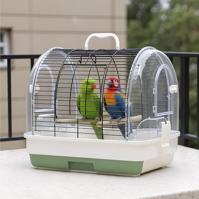 Portable Bird Cage with 2 Perches, Bird Travel Carrier with Food Bowls & Tray, Transparent Plastic Parrot Cages for Cockatiels Lovebirds Canaries Budgies