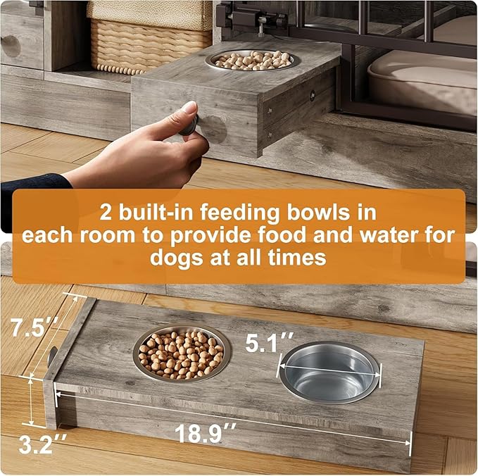 GAOMON Dog Crate Furniture for 2 Dogs, 78.7'' Large Dog Kennel Indoor with 2 Storage Drawers, 3 Shelves and Feeding Bowls, Double Dog Crate TV Stand for Small and Medium Dogs, Gray