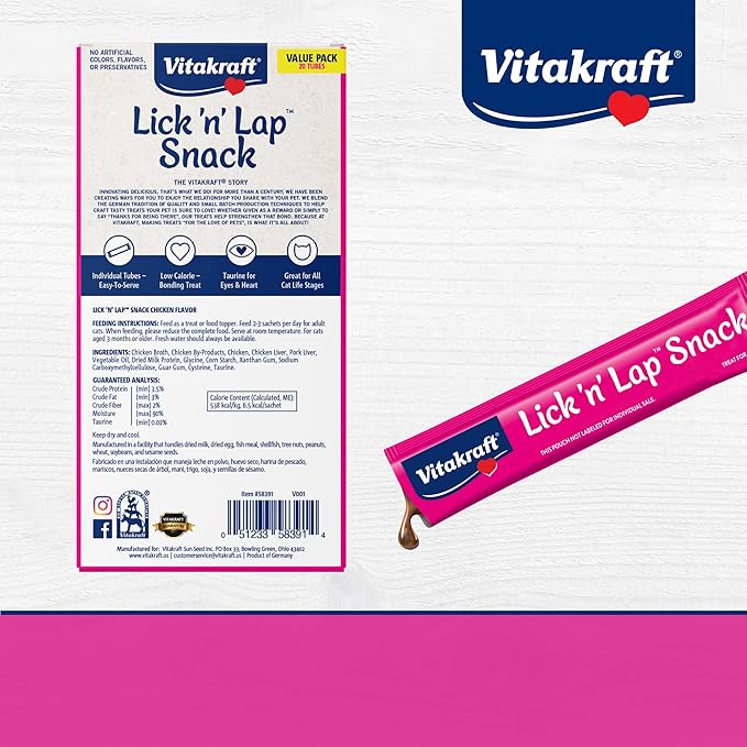 Vitakraft Lick 'n' Lap Snack Creamy, Cat Treat with Real Chicken, 80 Count