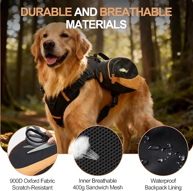 Dog Backpack Suitable for Medium to Large Dogs, Adjustable Lightweight Pet Harness, Built-in Poop Bag Dispenser, Waterproof and Safe, Suitable for Hiking, Puppy Training, Or Daily Walks, L