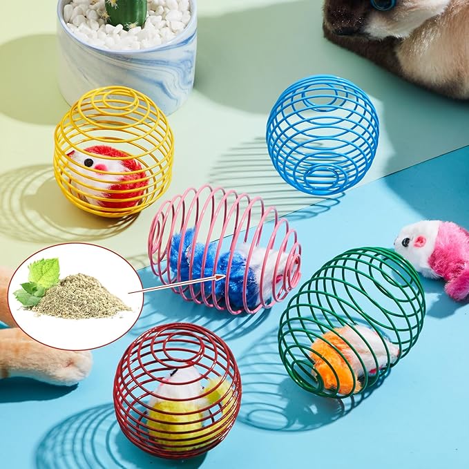 Jecery 5 Pcs Cat Spring Balls Toys Stretchable Rolling Balls Colorful Playful Coils Interactive Action Toy Caged Rats for Kitten Pet Supplies (Catnip Rats,Bright Color)