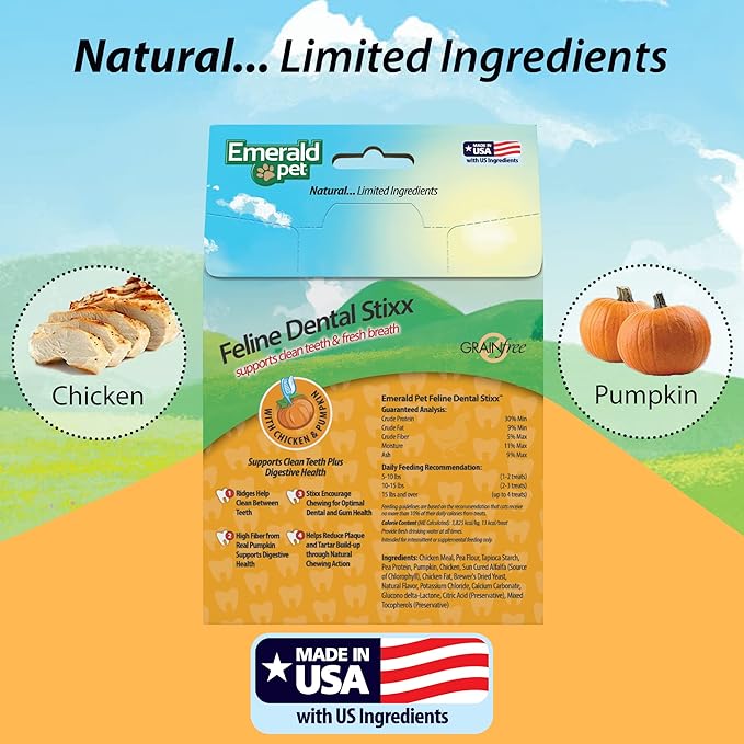 Emerald Pet Feline Dental Stixx — Tasty and Crunchy Cat Sticks with Pumpkin for Digestive Health — Natural Grain Free Treats for Clean Cat Teeth and Fresh Breath — Chicken Stixx, 3.6 oz