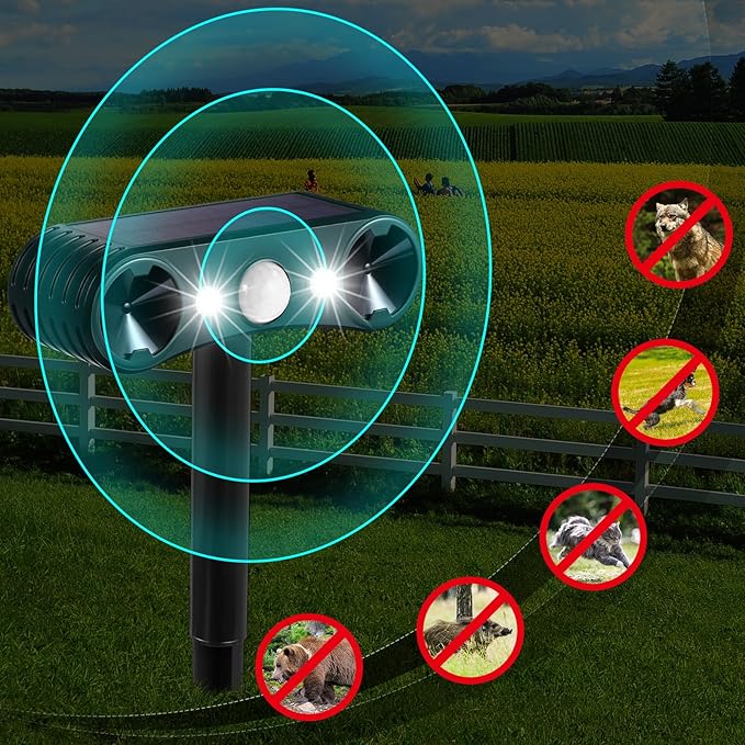 Qualirey 4 Pcs Solar Nocturnal Ultrasonic Light Animal Repeller Outdoor Deterrent with Pir Sensor Waterproof Deterrent Deer Repellent Devices to Repel Cat, Dog, Rabbit, Raccoon, Fox for Yard Garden