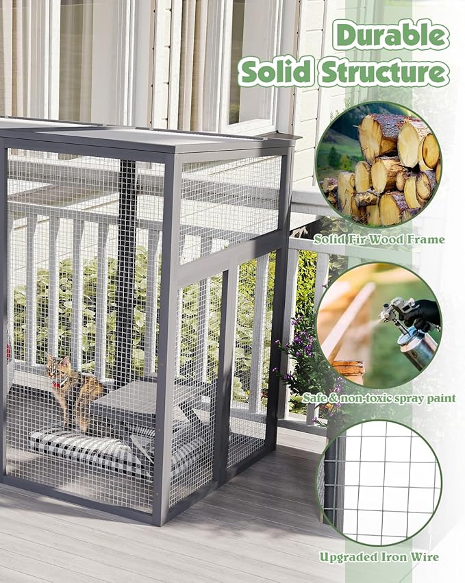 Outdoor Cat House, 71" Catio Outdoor Cat Enclosure, Large Cat Patio Enclosure for Multiple Cats, Weatherproof Cattio for Cats Outside, Wood Frame, Easy Assembly for Backyard, Grey
