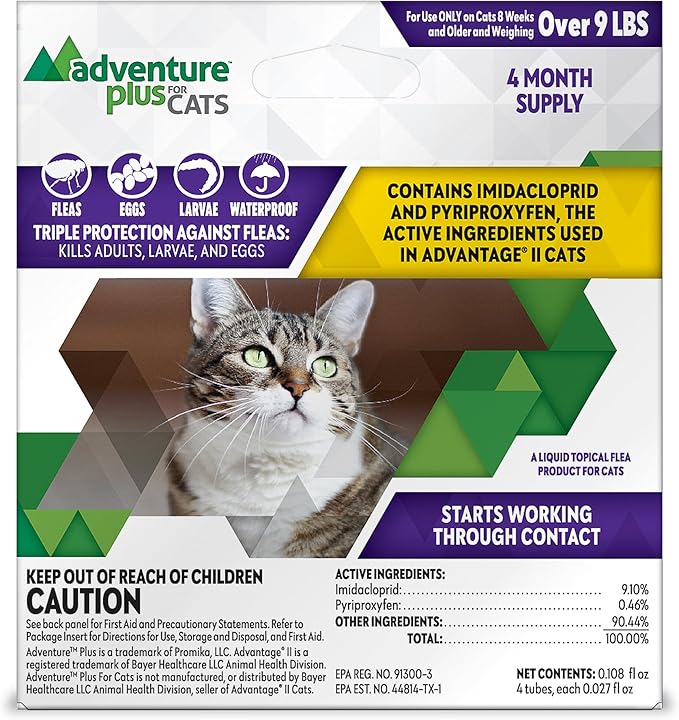 Adventure Plus Triple Flea Protection for Cats – Spot on Flea & Tick Prevention for Cats 9lbs & over – 4 Doses