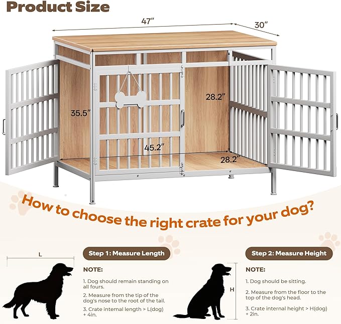 Extra Large Dog Crate Furniture, Heavy Duty Dog Kennel for Small Medium Large Dogs, Double Doors Indoor Decor Pet House Cage, Anti Escape Wooden Dog Cage with Name Tag End Table, TV Stand, Beige