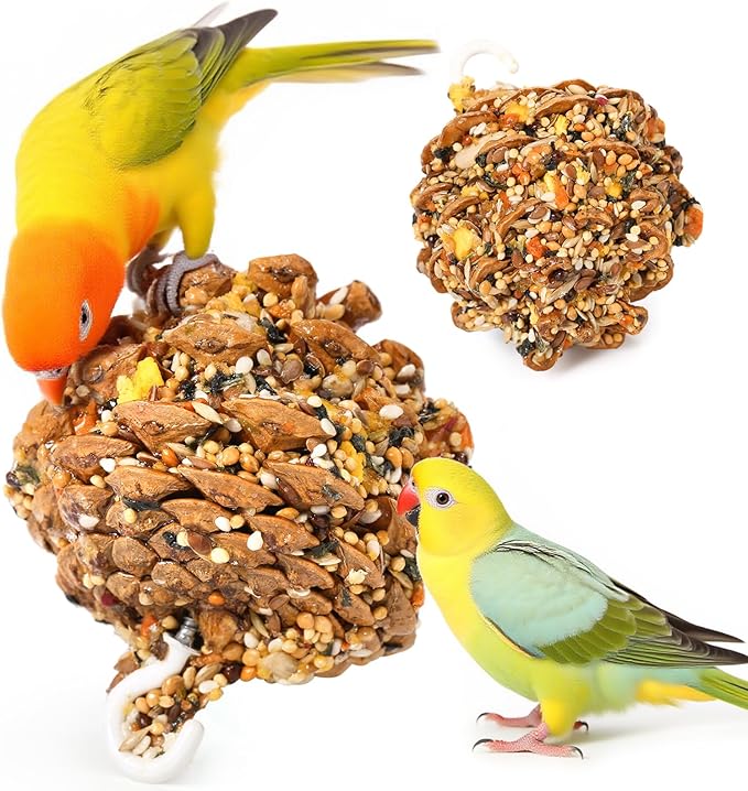 Abizoo Natural Pinecone Chew Toys with Edible Sunflower & Veggies - Malt Sugar Coated Foraging Enrichment for Parrots Cockatiels Conures Budgies Immune & Digestive Support Safe Bird Toy 2pcs
