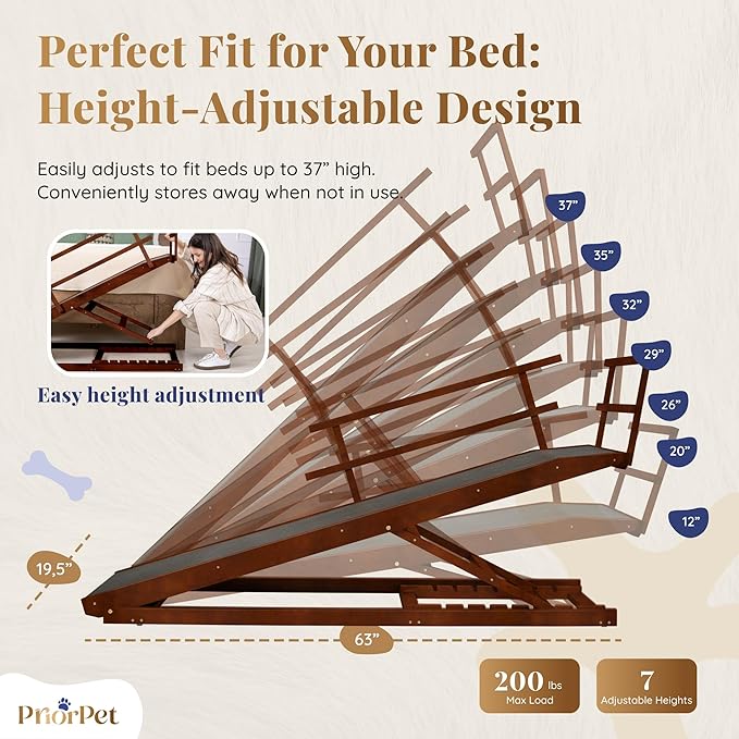 Dog Ramp for Bed with Safety Rails for High Beds up to 37" – Extra Wide 19.5" Adjustable Dog Bed Ramp for Large Dogs up to 200 lbs – Solid Birchwood, Non-Slip Rubber Surface, Foldable Design – Walnut