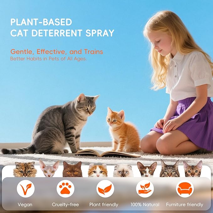 Natural Cat Deterrent Spray, Cat Repellent Spray for Indoor Use, Safely Stops Furniture Scratching, Urine Marking, Pee Everywhere, Plant Chewing, Cat Training Spray for Sofa, Rugs, Chairs, 200ml