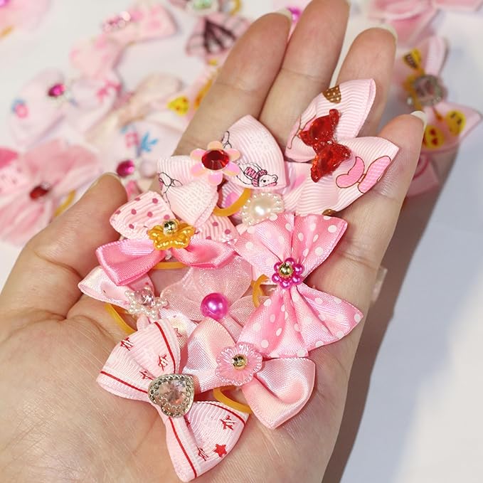 50pcs Dog Hair Bow Bowknot, Dog Bows Cute, Puppy Hair Bows Rhinestones Pearls Flowers Mix Styles Pet Grooming Rubber Bands Dogs Hair Accessories Handmade Hair Bows for Yorkie Puppy Dogs