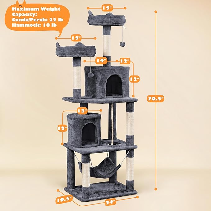 Yaheetech 70.5in Cat Tower, Multi Level Cat Tree Kitten Condo with 2 Condos & 2 Plush Perches & Scratching Post & Dangling Ball for Medium/Large Cats Dark Gray
