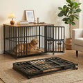 48" Dog Crate Furniture Foldable, Large Dog Kennel Furniture with Swing-Out Bowl & Dual Base Sets (Feet+Wheel), No Assembly Foldable Dog Crate Furniture, End Table for Large Dogs, Rustic Brown